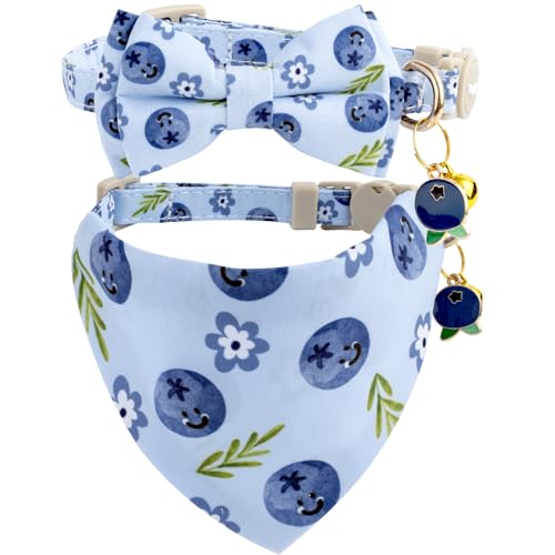 Faygarsle 2 Pack Blueberry Pattern Cat Collar Set with Bandana and Bow Tie Light Blue Breakaway Style with Bell