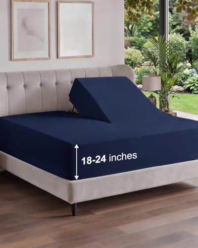 Image of Extra Deep Flex Top Split Head King Fitted Sheet - Hotel Luxury Single Fitted Sheet Only - Easily Fits 18 inch to 24 inch Mattress - Ultra Soft, Wrinkle Free w /Extra Deep Pockets - Navy Blue