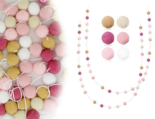 Lhbwhiz 2 Piezas Guirnalda de Bolas de Fieltro,Guirnalda de Pompones,Cadena de Fieltro,Guirnalda de Bolas de Fieltro con 30 Piezas de Pompones para Decorar en la habitación(Color Rosa Rosa)