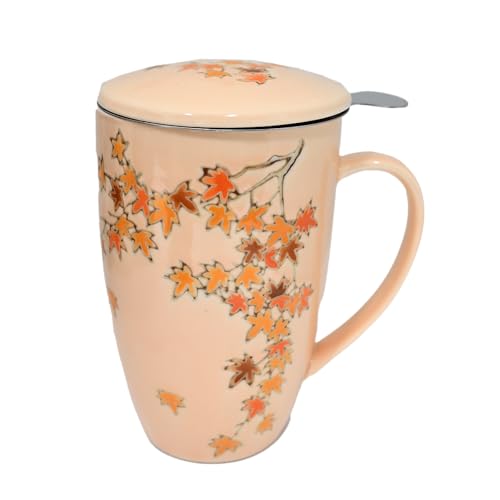 Urban Tokyo Porcelain Tea Infuser Mug with Lid, 15oz Teacup with Strainers for Loose Leaf Tea, Microwave and Dishwasher Safe Coffee Mug