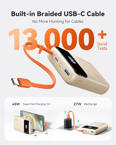 Image of INIU 20000mAh Power Bank, Small 45W PD Fast Charging Portable Charger with Built-in USB C Cable, Flight-Safe Travel External Phone Battery Pack for Women, Girls, Daily Commute, Gift, Beige