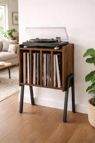 ACAZA Meuble Vinyle - pour Platine Tourne Disque et Albums Vinyles - 66 x 38.5cm - Design Bois MDF et Métal - Brun Vintage (Brun Vintage)