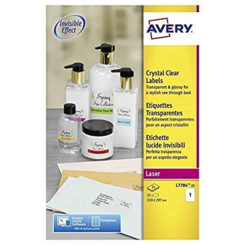 Étiquettes laser transparentes Avery L7784-25 brillantes A4 pour vitrines