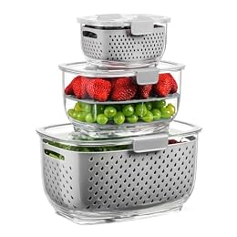 LUXEAR Fresh Produce Vegetable Fruit Storage Containers 3Piece Set, BPA-free Fridge Storage Container, Partitioned Salad Container, Fridge Organizers, Used in Storing Fruits Vegetables, Gray