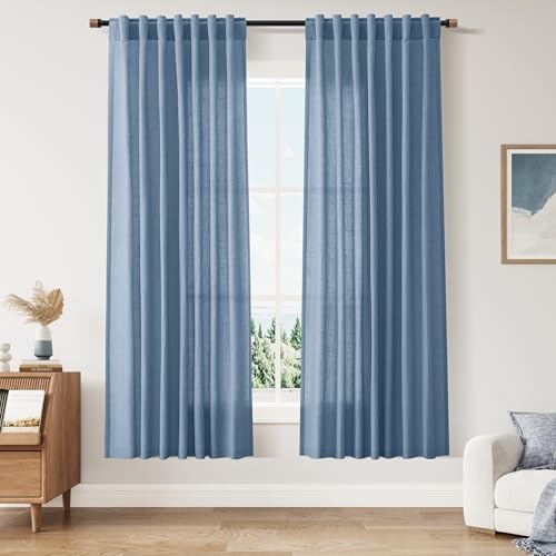 Image of Stone Blue Semi Sheer Curtains 72 Inches Long 2 Panels for Bedroom /Office Back Tab Rod Pocket Light Filtering Privacy Drapes Cotton Linen Living Room Curtain 52X72 Inches