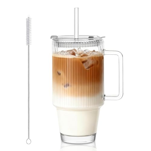 KEMORELA Bicchieri in vetro a coste da 680,4 g, con coperchio e cannucce, tazza in vetro a coste con manico, bicchieri per caffè freddo, trasparenti, riutilizzabili, per frullati e bevande (motivo a