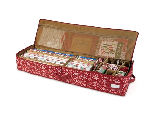 Covermates Keepsakes Gift Wrap Organizer - Holds up to 25 Rolls - Heavy Duty - Accessory Trays with Adjustable Compartments - Mesh Pocket - Holiday Storage, Red Snowflake