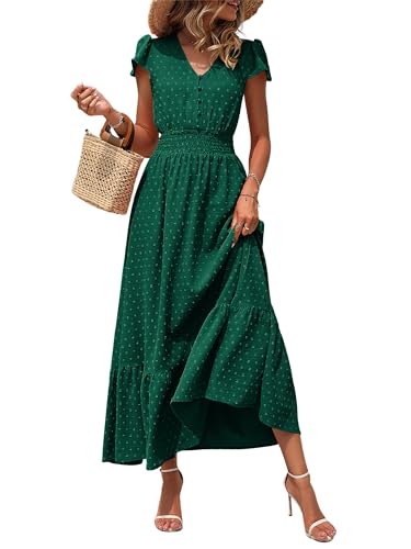 Image of PRETTYGARDEN Womens Dresses 2026 Summer Maxi Dress Boho Short Sleeve V Neck Swiss Dot Ruffle Tiered Smocked Flowy Long Dress