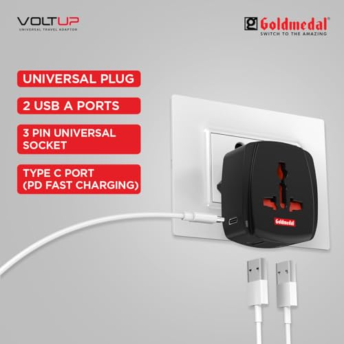 Image of Goldmedal Voltup Universal Travel Adapter with 2 Type-C & 2 Type-A USB Ports | PD Fast Charging Support | | Compatible with Multiple Plug Types | Perfect for International Travel | (Black)