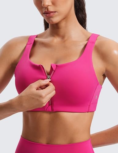 Image of CRZ YOGA Zip Front Cross Back Sports Bras | Molded Cups, Medium to high Support, Training, Adjustable Convertible Straps, Hook and Eye, for Women