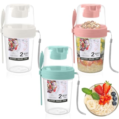3Pcs Tazas Avena Nocturna con Tapa y Cuchara, Vasos Cereales La Noche Portátiles 2 Capas, Recipiente Leche Vaso Yogur Contenedor Ensalada Frutas para Fitness​ Desayuno Viajes Almacenamiento Alimentos