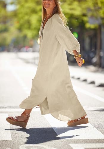 Image of chouyatou Women Summer Long Sleeve Notch Neck Maxi Linen Shirt Dress Loose Button Down Tunic Shift Dress