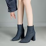 Lizoleor Elegant Heeled Pointed Toe Side Zipper Women Dress Boots High Block Heel Concise Denim Stylish Work Booties Darkblue-DL Size 4.5 UK/38 - Image 4