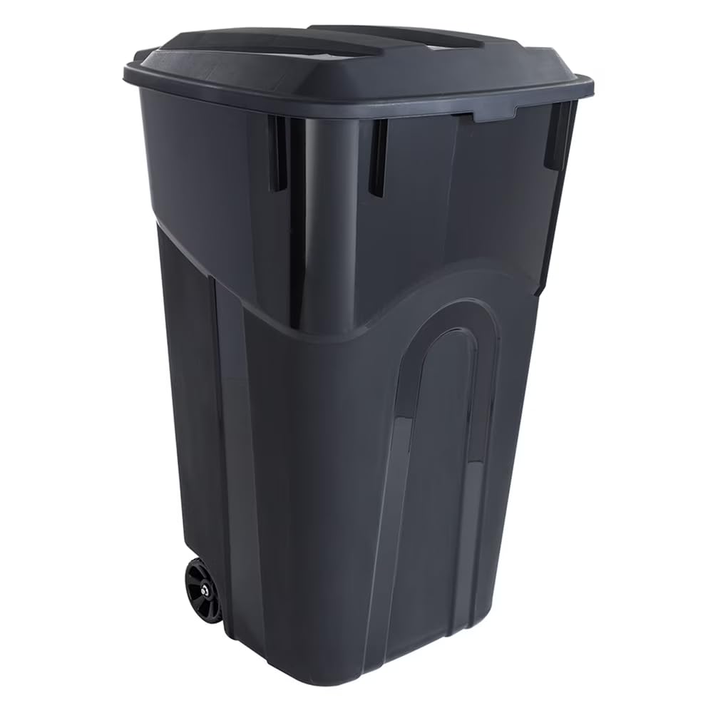 32-Gallon Wheeled Heavy-Duty Plastic Garbage Can with Attached Lid, Black