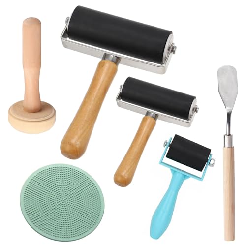 Brayer Roller for Crafts 3Pcs Printmaking Ink Rollers Rubber Brayer Rollers for Lino with 1 Scraper Plastic Stamp Making Platen and Mushroom Roller for Lithography Block Printing DIY Arts Crafts