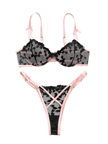 Image of Lilosy Sexy Underwire Cute Push Up Strappy Embroidered Mesh Sheer Lingerie Set See Through Panty Bra