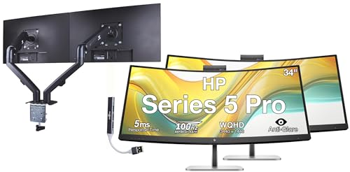 HP Series 5 Pro 34" WQHD USB-C Conferencing Monitor, 5MP Pop-up Webcam, 4x3W Speakers, Tilt, Swivel, Height Adjustment Mount, Displayport, HDMI, 2 Pack w/DKZ Hub & ErgoFlexy Dual Mount Arms