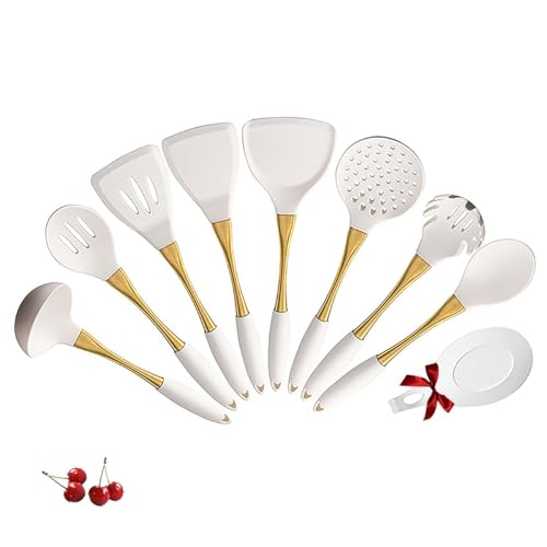 UMEONEVE White And Gold Silicone Cookware Set, 9-Piece, Universal Kitchen Utensils,gold with white kitchen utensils,Silicone Spatula Cooking Spoons for Nonstick Cookware Golden Stainless steel Handle