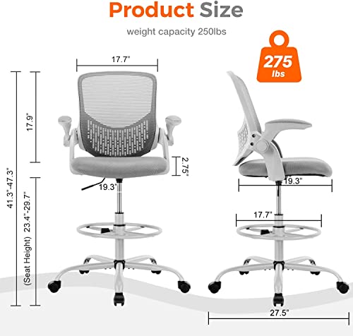 Sweetcrispy Drafting Home Desk Wheels, Tall Office Stool Adjustable Foot Ring, Flip Up Arms,Swivel Rolling Chair Lumbar Support, Grey, 19.3" D X 19.3" W X 41.3" H #TOP1