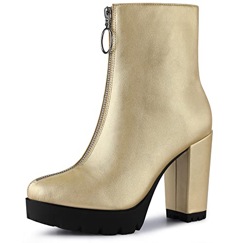 Allegra K Women's Platform Front Zip Chunky Heel Gold Ankle Boots 6 M US