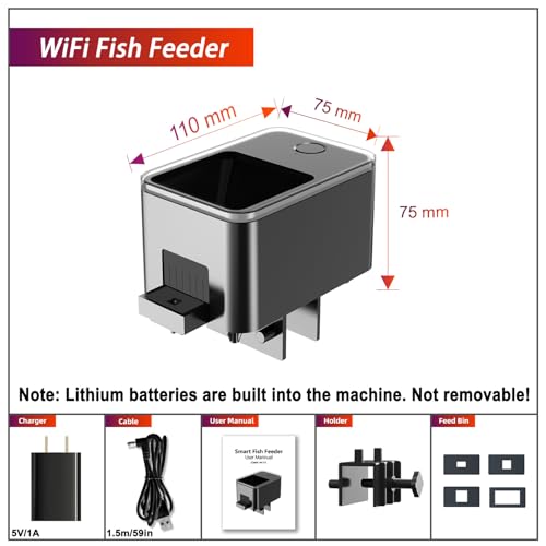Image of WiFi Automatic Fish Feeder for Aquarium, Food Dispenser for Fish Tank with App Control, Rechargeable Battery and USB Powered, Suitable for Small Tank Pelleted Food, Black