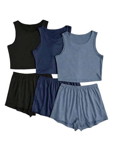 OYOANGLE Women's 6 Piece Summer Pajama Set Crop Tank Top and Shorts Pjs Lounge Set Sleepwear