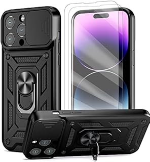Giolus Case for iPhone 14 Pro Max with Slide Camera Cover and 2 Pack Screen Protector, 360° Ring Kickstand Full Protection Rugged Armor Shockproof Phone Case Silicone Protective Cover, Black