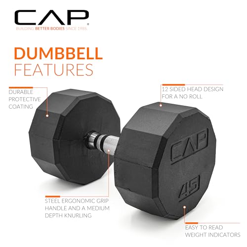 Image of CAP Rubber Coated Dumbbell Weights, Free Weights for Home Gym Strength Training, Anti-Roll Hex Dumbbells with Black, Chrome & Comfort Grip Handles, Singles