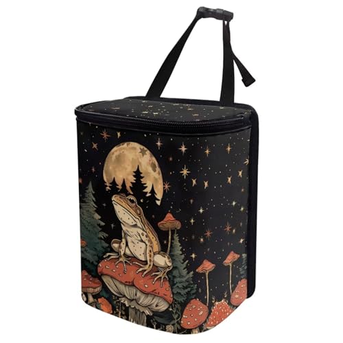 Image of Talayituse Frog Mushroom Print Car Trash Can, Moon Star Design Portable Auto Garbage Bin Multifunctional Vehicle Interior Accessories with Adjustable Straps Universal Fit Truck SUV Sedan