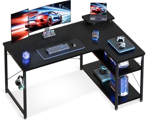 （07:00時点） ODK ゲーミングデスク L字 パソコンデスク 幅110 デスク desk 机 pcデスク 棚付き オフィス ワーク 在宅勤務 桌子 勉強机 組立簡単 ブラック 右棚