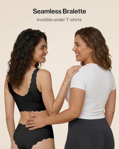 Image of Ubras Deep V Seamless Bras for Women Scalloped Wireless Bralette Comfortable Soft Everyday Sleep Bras Smart Size