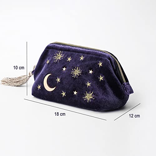 Vecance Navy Makeup Bag Organizer, Velvet Embroidered Applique Stars Moon Cosmetic Make Up Bag Pouch With Tassels Deco, Beautician Storage Bag Clutch Handbags #TOP1