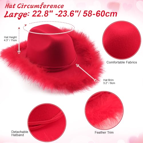 DRESHOW Cowboy Hat with Fluffy Feathers & Heart Shaped Sunglasses Set for Women Men Western Felt Cowboy Hats for Halloween - Image 4