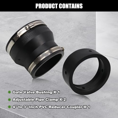 RULLINE 4\" to 3\" Black PVC Reducer Coupler & Gate Valve Bushing with 2pcs Clamps RV Plumbing Fittings PVC Pipe Coupler Adapter RV Sewer Connection