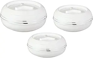 NASBY Insulated Double Walled Casserole Set of 3| Hot Pot | Hot Case | BPA Free |Food Grade | Easy to Carry | Easy to Store | - 2500 ml, 3200 ml and 5500 ml - White