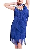 Mujer Elegante Lentejuelas Borla Vestidos Salsa Flamenco Baile Latino Sin Mangas Talla única Azul Zafiro