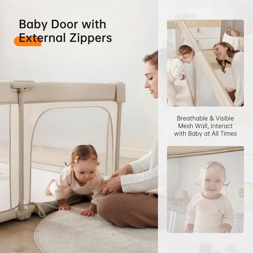 Image of Foldable Baby Playpen,Portable Indoor & Outdoor Playpen for Babies and Toddlers,71 inchx79 inchExtra Large Play Pen with Gate,Collapsible Baby Fence with Travel Bag(Light Khaki)