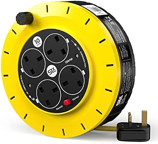 Cable Extension Lead 10m, 4 Socket Easy-Wind Cassette Reel 13A Extension Cable with Thermal Safety Cut-Out Hi-Visibility Cable