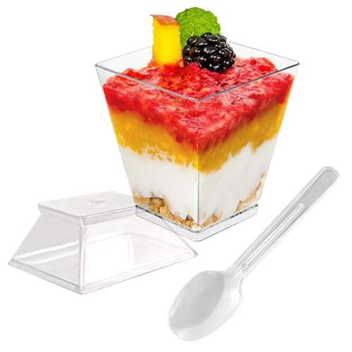 WANGSHIQI 50 Pack 2 oz Square Clear Plastic Dessert Cups with Lids and Spoons, Parfait Cups, Appetizers, Puddings, Mousse ，Parfait Ice Cream (50, 2 oz) by WANGSHIQI - Used condition - US$11.64