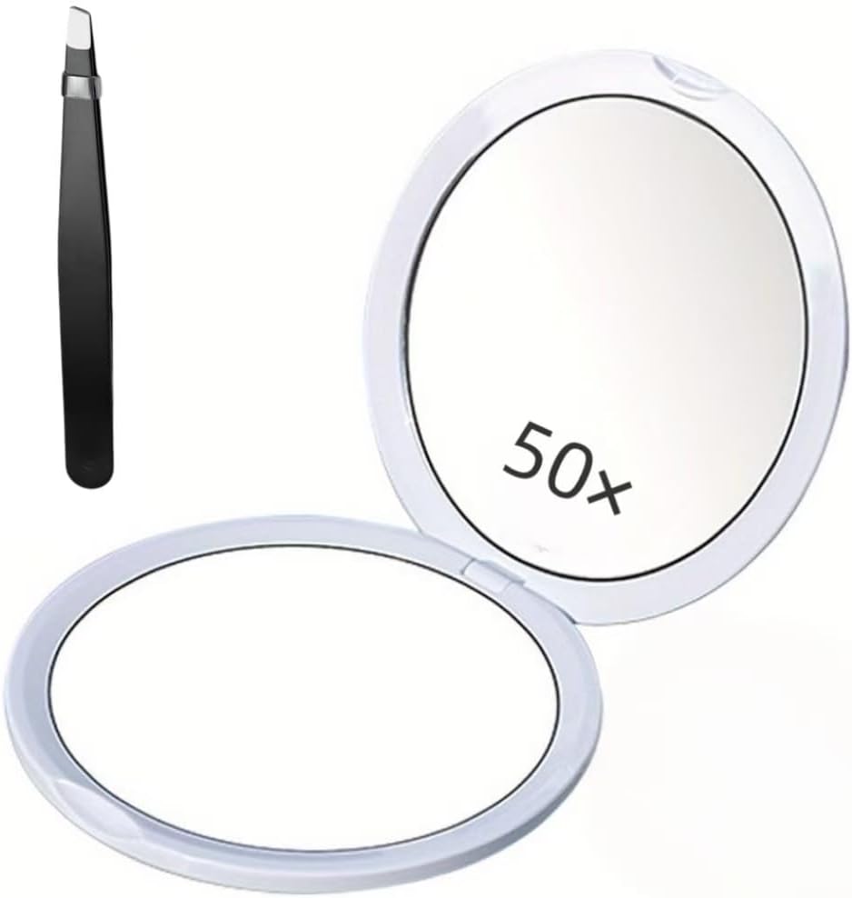 1X/50X Double Sided Foldable Makeup Mirror, 4 Inch Ultra-Thin Round Pocket Mirror, Black Portable Travel Hand Mirror for Women Gift