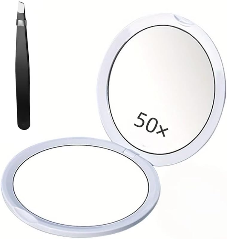 1X/50X Double Sided Foldable Makeup Mirror, 4 Inch Ultra-Thin Round Pocket Mirror, Black Portable Travel Hand Mirror for Women Gift (White)