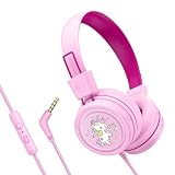 MEE audio KidJamz KJ55 Wired Children’s Headphones with 3.5mm Plug, Colorful Graphics, Volume Limiter & Microphone, Adjustable On-Ear Kids Headset for Online Learning/School/Travel/Tablet (Pink)