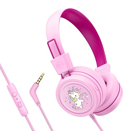 MEE audio KidJamz KJ55 Wired Children&rsquo;s Headphones with 3.5mm Plug, Colorful Graphics, Volume Limiter & Microphone, Adjustable On-Ear Kids Headset for Online Learning/School/Travel/Tablet (Pink)