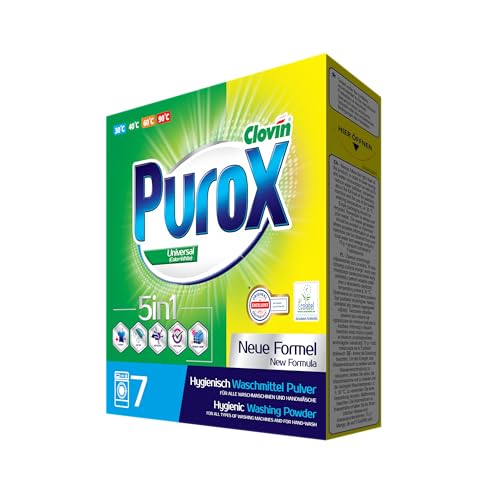 PUROX UNIVERSAL Lessive en Poudre (7 Lavages) – pour Tous Textiles, Élimine les Taches, Formule Optimisée, Anti-Calcaire, Carton 490 g
