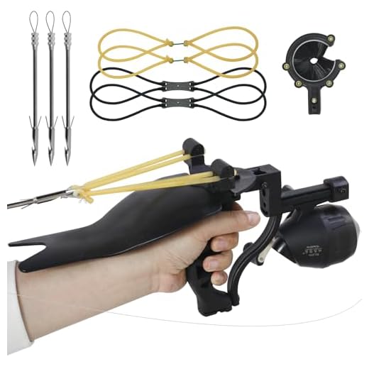 HANDBAIGE Powerful Outdoor Sport Profession Hunting Slingshot Archery Arrows Bowfishing Sling Shot Wrist High Velocity Catapult with Replacement Bands, Arrows Brush, Fishing Reel + 3 Arrow Darts