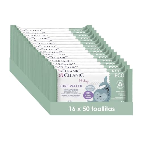 Cleanic Toallitas Húmedas Baby Eco Pure Water - (50x16 Piezas) Toallitas Húmedas - Composición 99% a Base de Agua - Alantoína - Sin Perfume - Desechables - para Pieles Sensibles - 800 Piezas