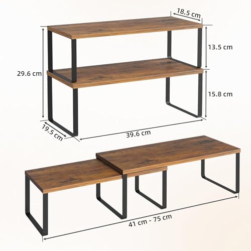 LIANTRAL Organizer do szafek kuchennych, regał do przechowywania, Półki kuchenne, metalu i bambus, Zestaw 4 sztuki, rozszerzalny i można układać w stos, na szafkę, blat, Rustykalny Brązowy