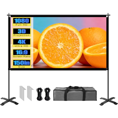 Image of XIAOHUI Outdoor Projector Screen with Stand, 150 Inch Portable Projector Screen with Carry Bag Windproof Fixing Rope, Indoor 4K HD Movie Projection Screen for Room Outside Home Theater Backyard, 16:9