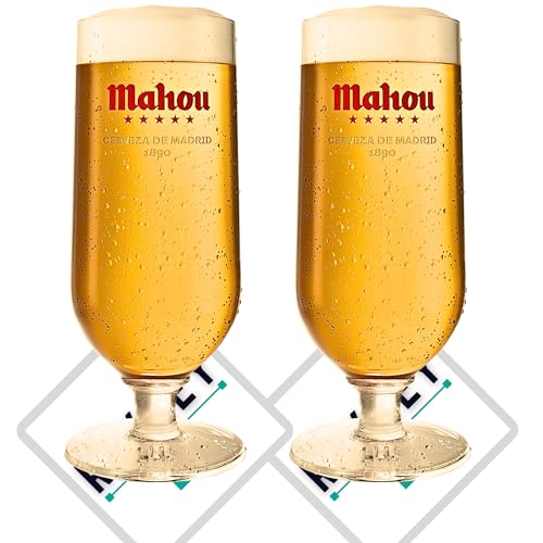Roxley Mahou Pint Lager - Vasos de cerveza (2 vasos de 56 cl), también viene con alfombrillas de cerveza de marca
