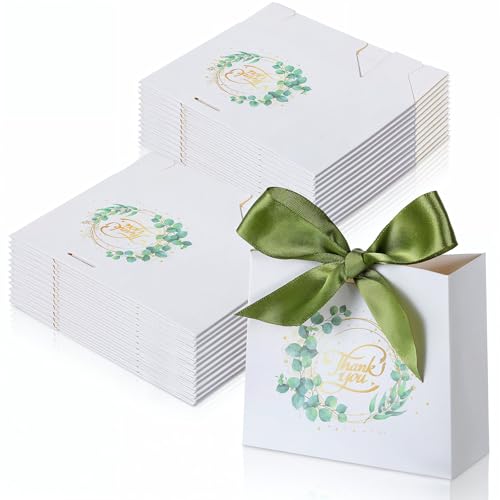 Nodaaiie 50 Pack Small White Thank You Gift Bags, Mini Paper Favor Bags with Bow Ribbon for Wedding, Baby Shower, Birthday Party, 4.5 x 1.8 x 3.9 Inches